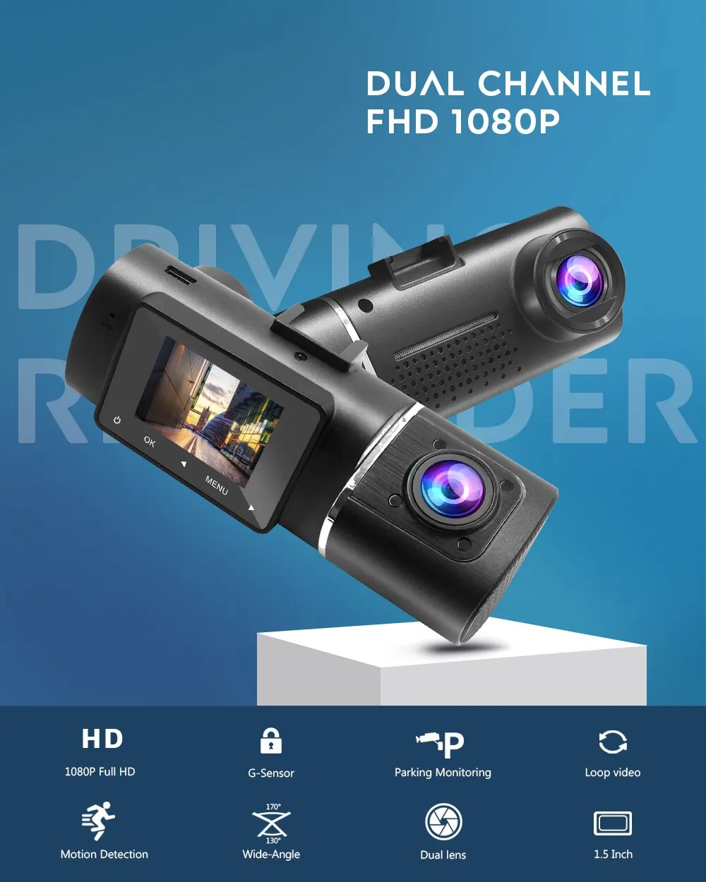 1.5 Inch Screen Dash Cam 1080P Dual Lens Interior Exterior Car Camera Recorder 24H Parking Monitor Car Black Box Video Recorder
