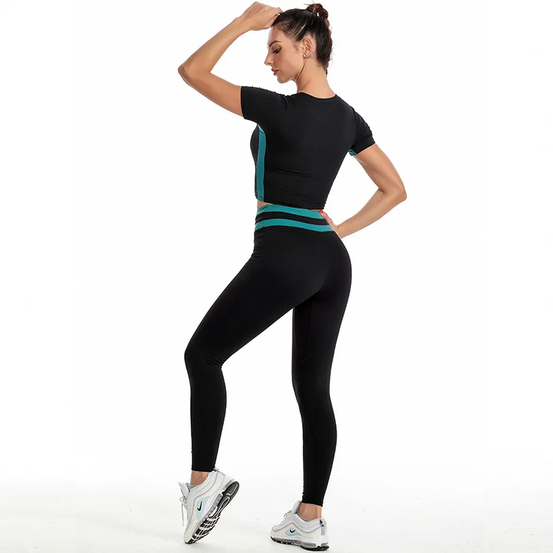 
Dropshipping 2021 new fitness sports short sleeved T-shirt top high waist leggings set Fitness biker pants yoga set for women 