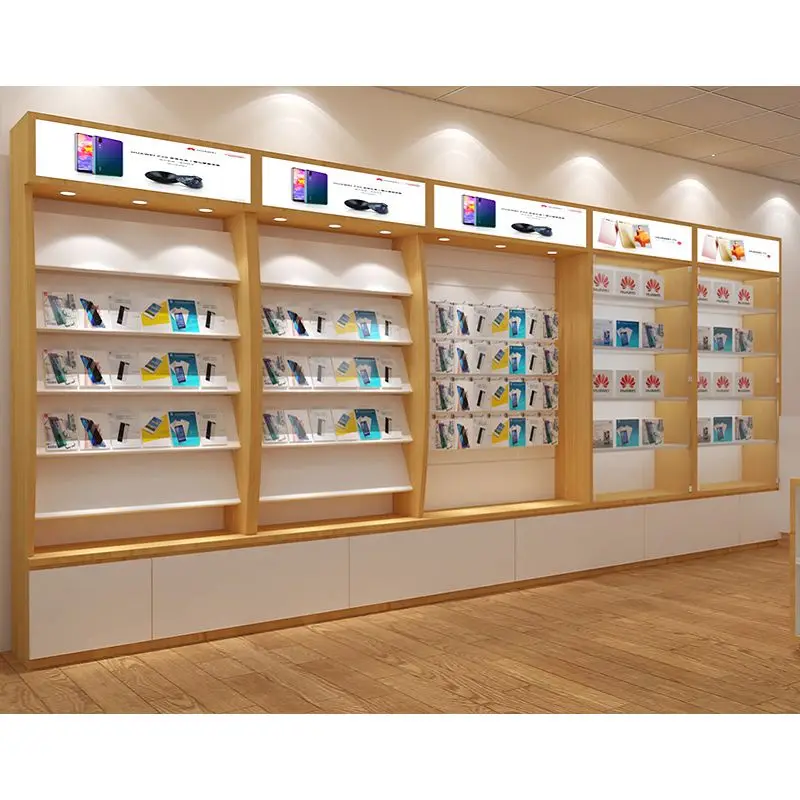 Modern Custom Wood Gondola Rack Phone Repair Shop Decoration Cellphone Accessories Showroom Design Mobile Phone Shop Names