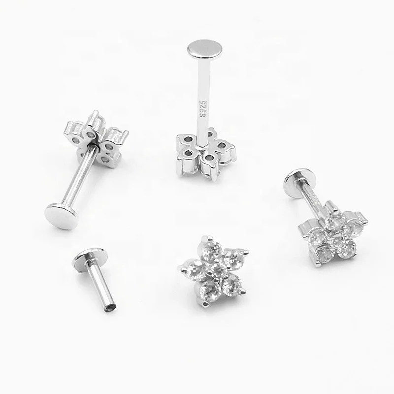 5pcs/lot 925 Silver Internally Thread Labret Lip Studs Rings CZ Ear Cartilage Tragus Helix Piercing  Body Jewelry 16G
