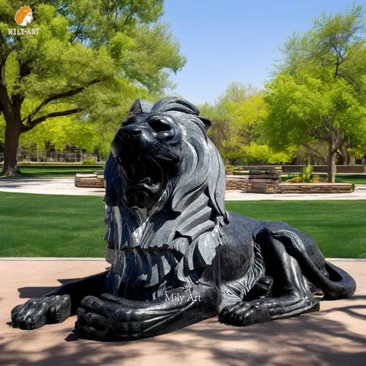 Popular Design Hand Carved Marble Black Sitting Lion Statue Sculpture for Sale
