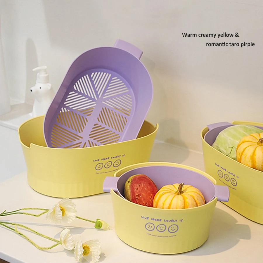Fashion Large Size Double Layer Vegetable washing bowl Fruit Drainer Kitchen Storage Plastic Drain Basket