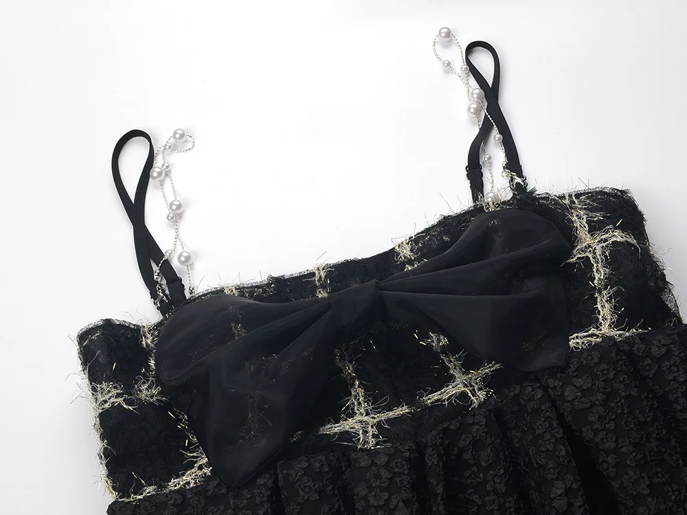 Summer Dresses Jacquard Sling Dress Puff Sleeve Two Piece Set Mini Black Loose Clothing