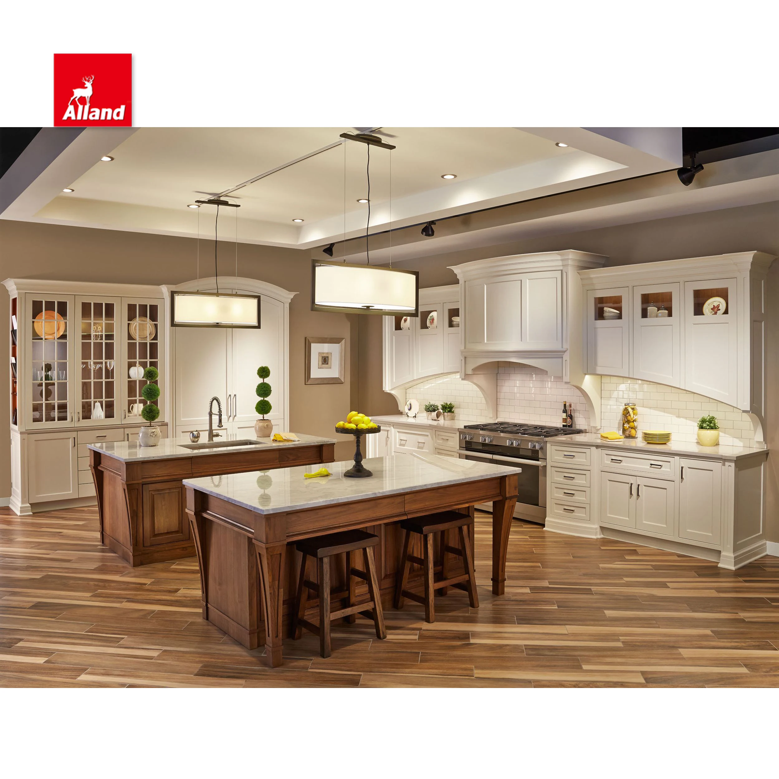 Noble Harmonious Walnut Hardwood Kitchen Cabinet With Horse Legs Double Island And Inner Drawers In Massive Pantry