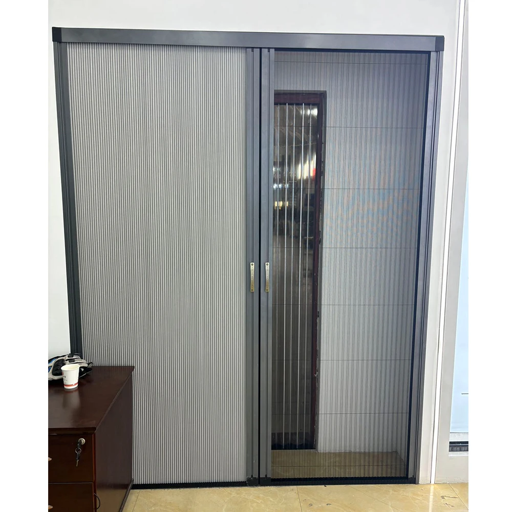 Aluminum Frame Plisse Mosquito Net Low Track Folding Sliding Door Polyester Pleated Mesh Retractable Window Fly Screen Door