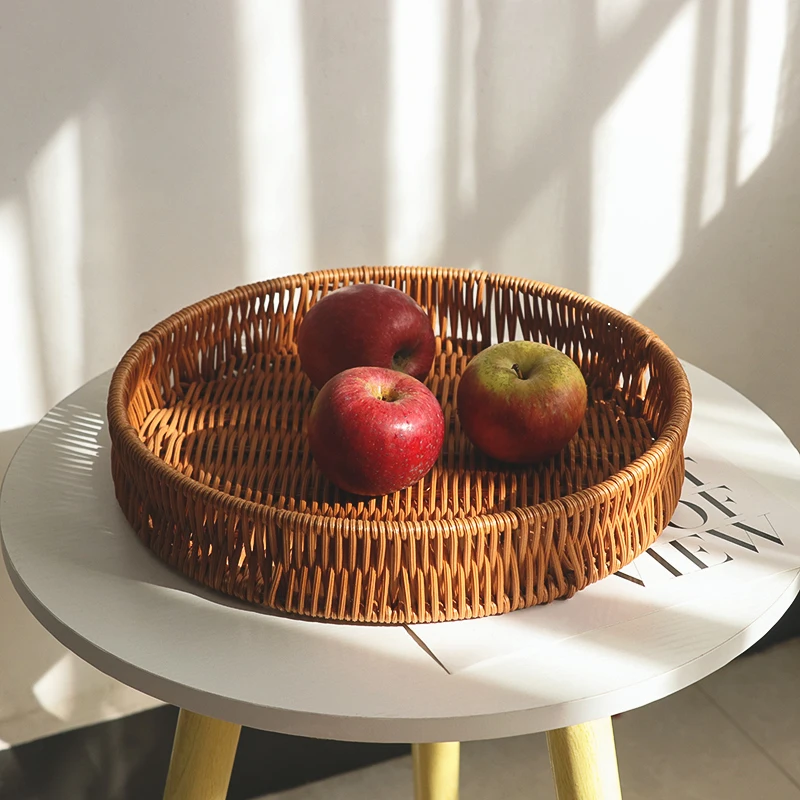 Hot Sale Direct Supplier Household Round Rattan Tray Bread Fruit Hand Storage Wicker Woven Plastic Tray Basket for Food