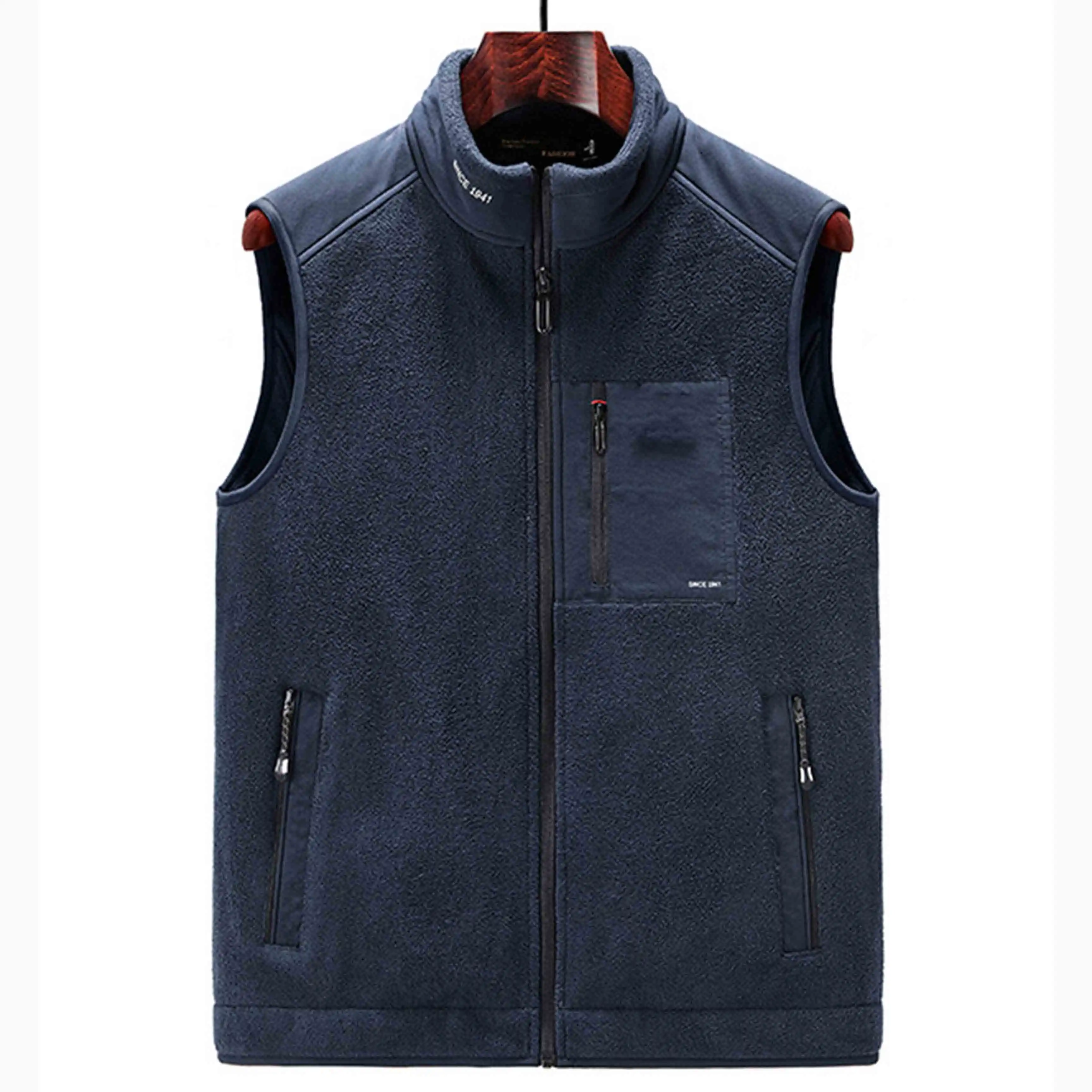 High Quality Mens Polyester Vest Patching Left Chest Zipper Pocket Outdoor Wearing Coat Casual Fleece Polar Sport Style Gilet