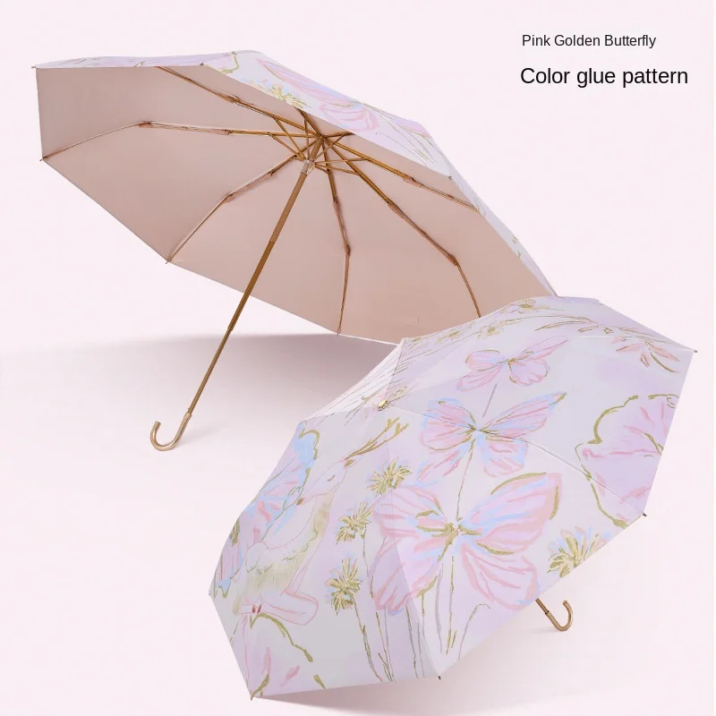 Japanese style folding umbrella with golden frame golden hook handle sun umbrella UPF 50+