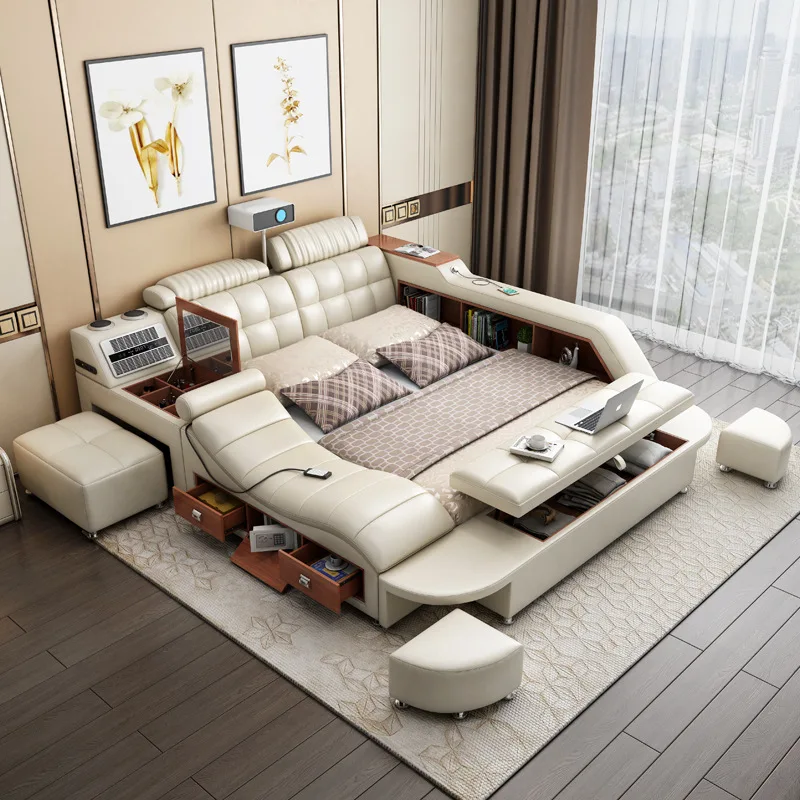 Smart Bed Modern Luxury King Size Platform Tuftedtech Genuine Leather | Multifunctional for Storage