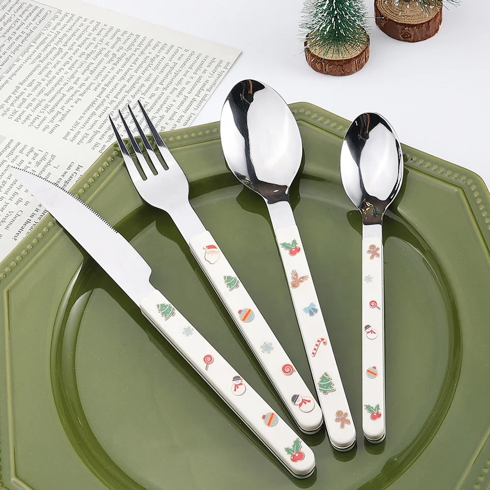 2023 New Christmas Knife Spoon Fork Set Stainless Steel ABS Plastic Handle Flatware Christmas Cutlery Set with Gift Box