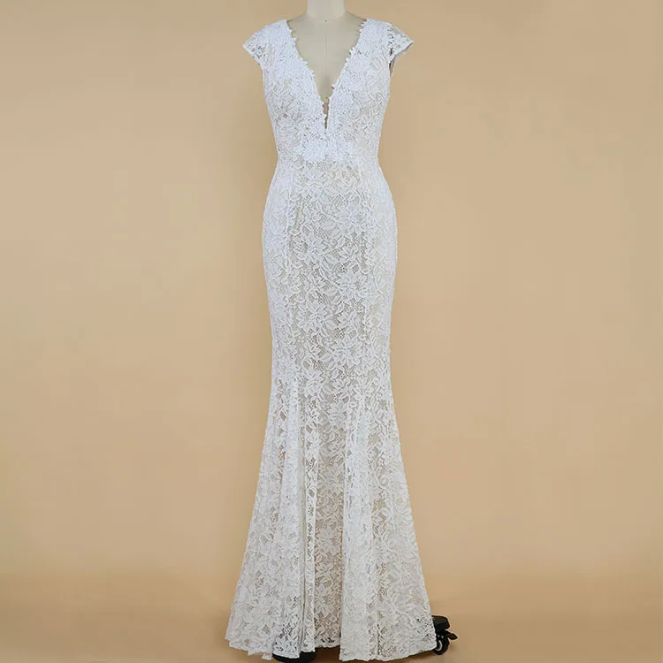 OEM IVORY BEIGE v-neck fish tail appliqued lace cutty sleeve elegant dinner girls white simple gown party dresses evening maci