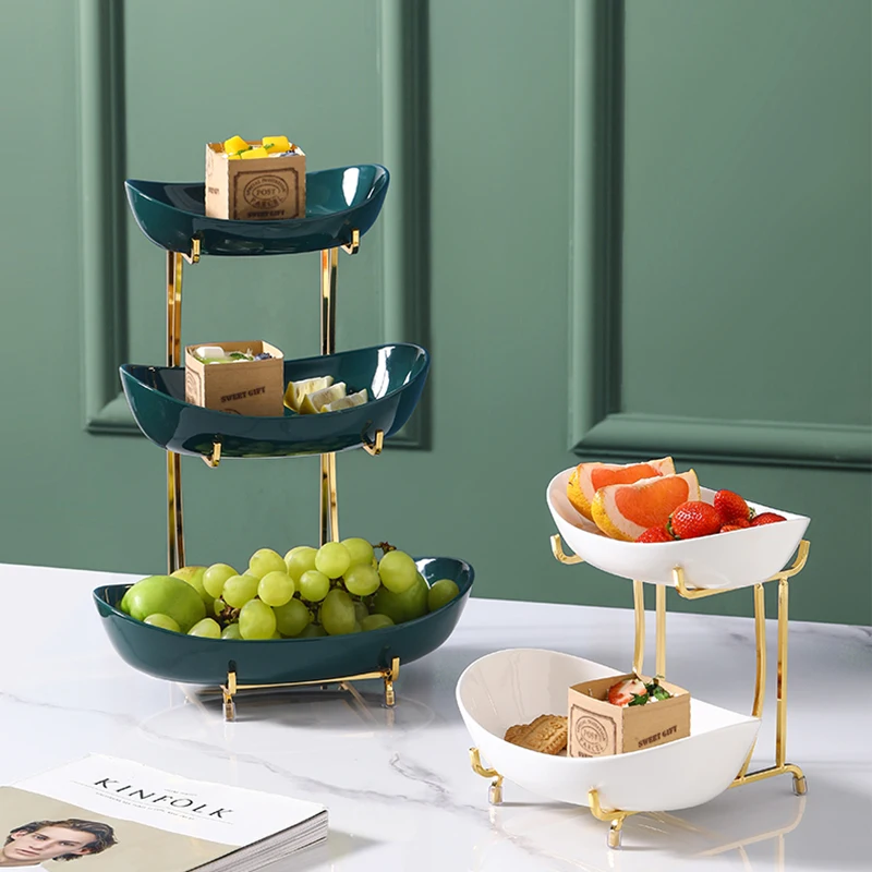 OSBORN Coffee shop Three Tier ceramics Standing Snack fruit Dish plates with Gold Rack