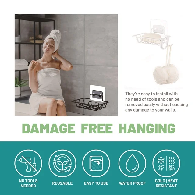 High Quality Reusable Stainless Steel Black Soap Holder Wall Mounted With 2 Hooks For Sale