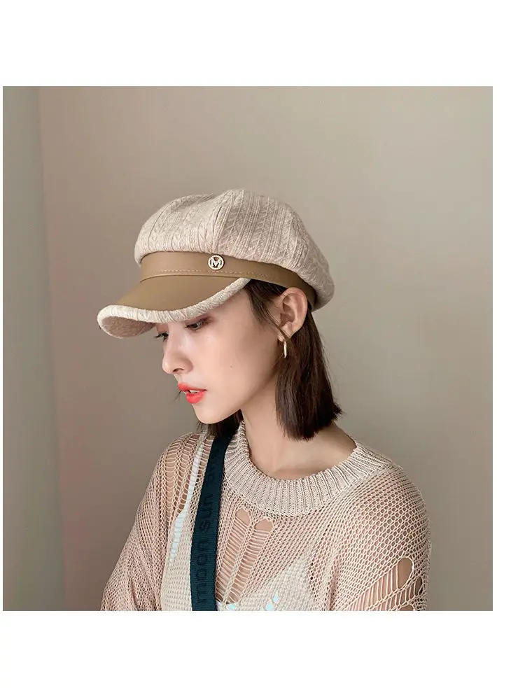 PU leather beret children fall and winter trend of British retro letters striped octagonal hat Arts and Culture painter hat