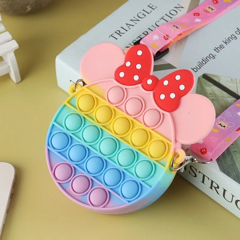 Lovely push pop bubble rainbow minnie sensory stress relief fidget squeeze toys pop purse shoulder bag for girls