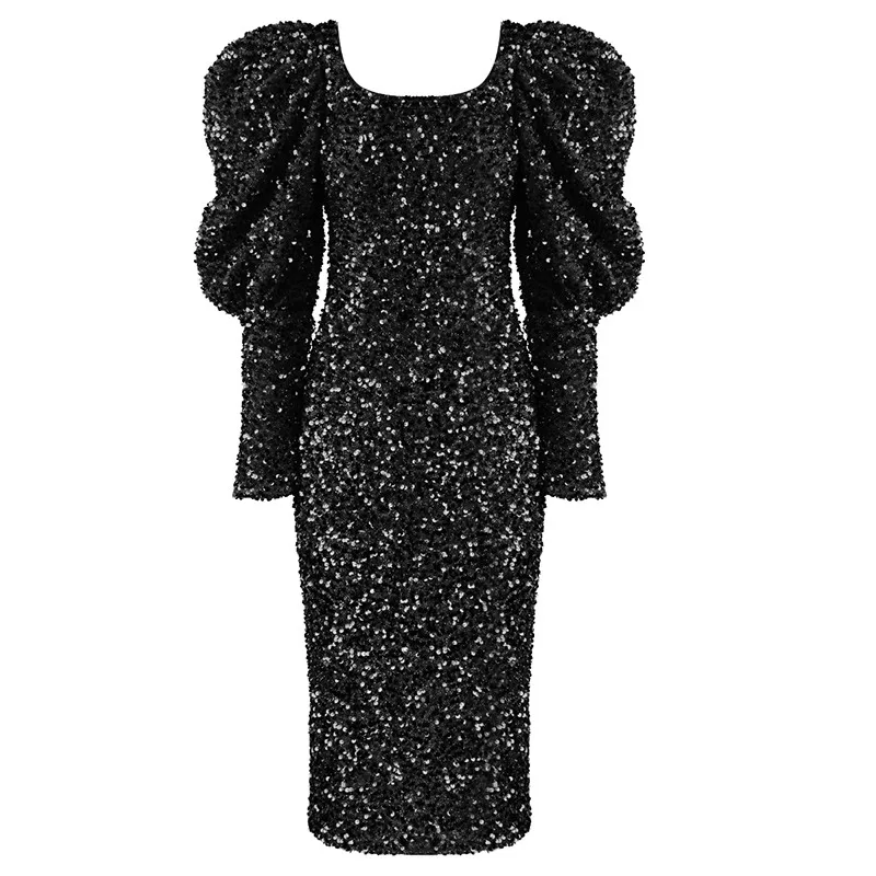 A4577 Elegant Black Red Square Collar Sequin Ladies Puff Sleeve Midi Dress