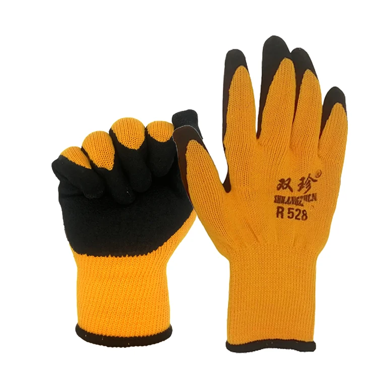 Orange Winter Gloves assembly work construction CE EN388 cotton knitted rubber palm Crinkled latex coated working hand gloves