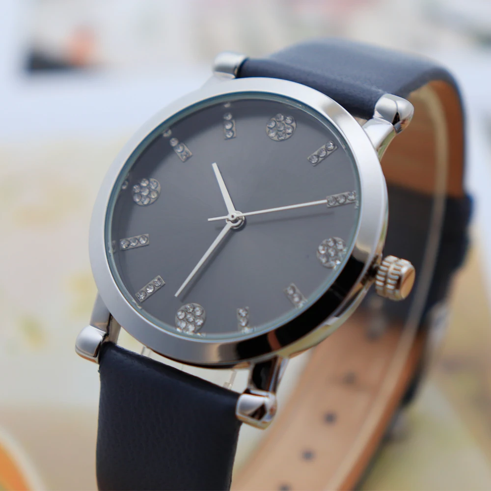 Factory customized Silver gray leather band alloy case waterproof quartz movement cheap lady watches