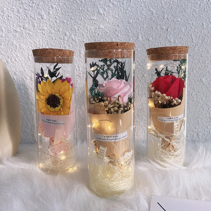Preserved Flowers Real Eternal Roses Gypsophila Dried Flower Sunflower Rose Bouquet Decoration Preserved Flowers in Dome