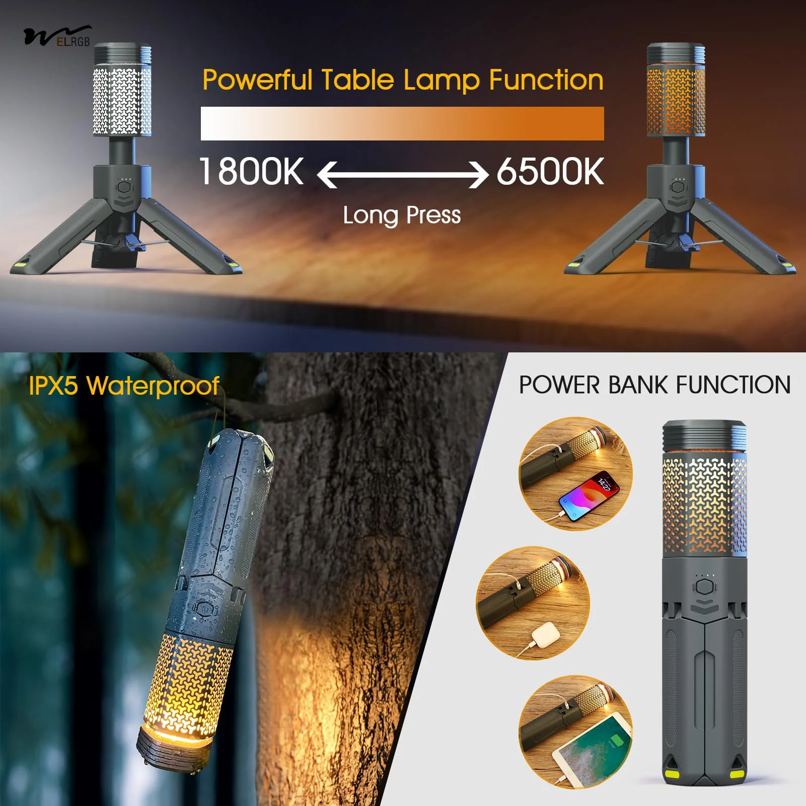 Camping lamp Telescopic and Collapsible Camping Lanterns with 2 Light Sources Mobile Lighting 10000mAh Battery Flash Light