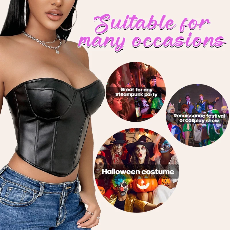 Ladies Black Waist Cincher Trimmer Body Shaper Belt Pu Leather Overbust Corset Tops Up Strapless Boned Body Shaper Bustier Top