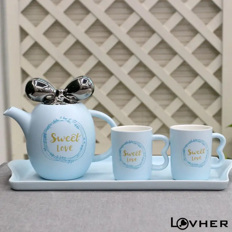 Big Quantity Porcelain cute color glazed gold silver lid tea pot set with tea cup and ceramic tray for Home Kids Office Restaura