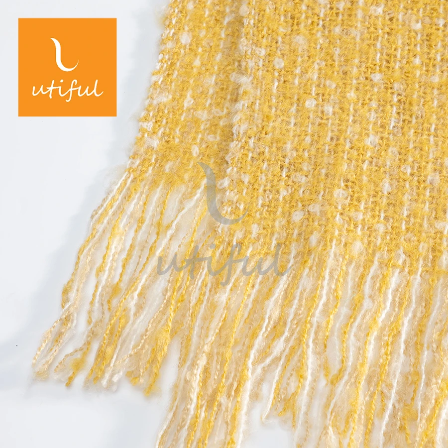 Warm stripe dots melange woven acrylic mohair throw blanket with tassels