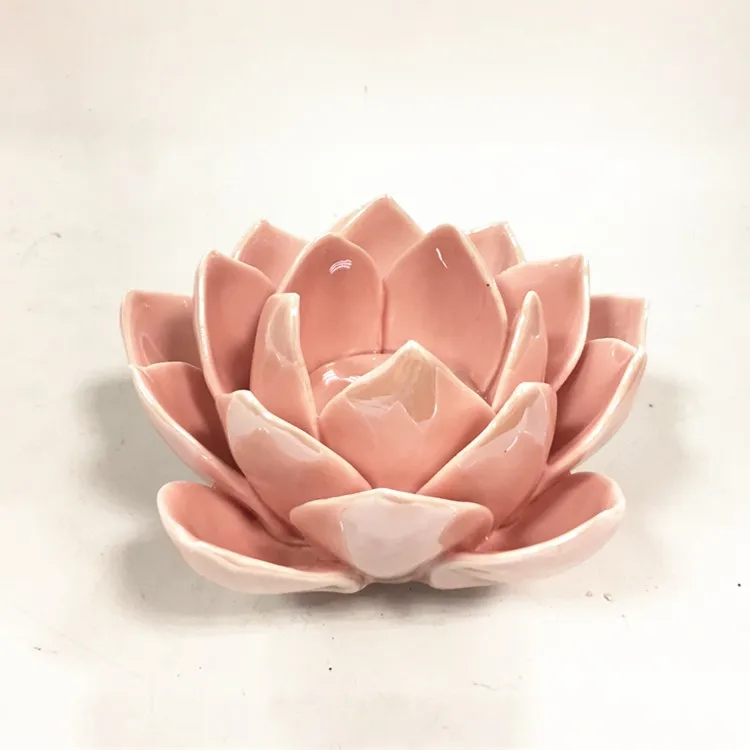 Shiny Pink Handmade Crafts Porcelain Lotus Candlestick For Gift Home Decoration