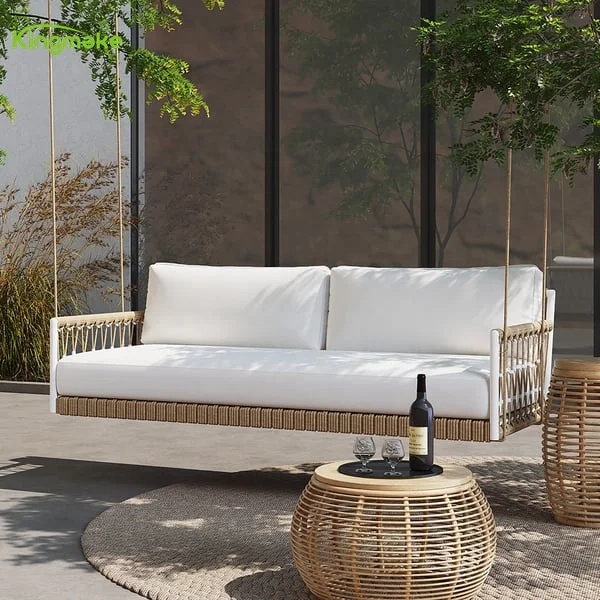 KIngmake Double Love Seater Garden Hanging Swing Chair Swing Sofa Bed Traditional Wide Outdoor Rattan Swing Sofa Hanging Chair