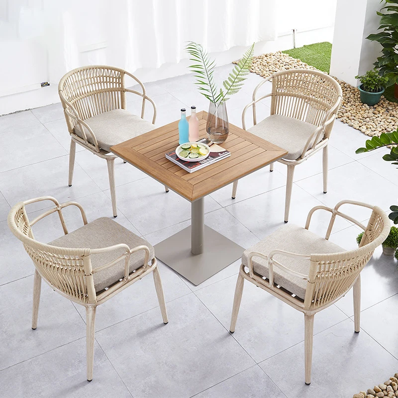 Aluminium table ivory white drawing room garden indoor funiture woven dining cuerda chair outdoor rope