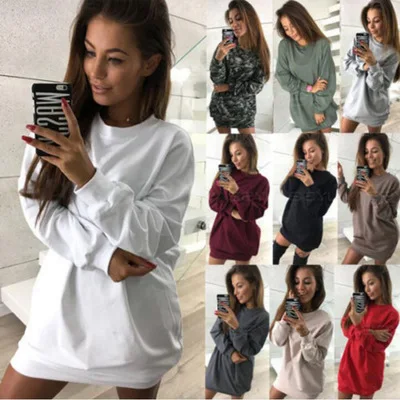 10 colors Europe and the United States winter new casual o-neck solid color long section sweater dress
