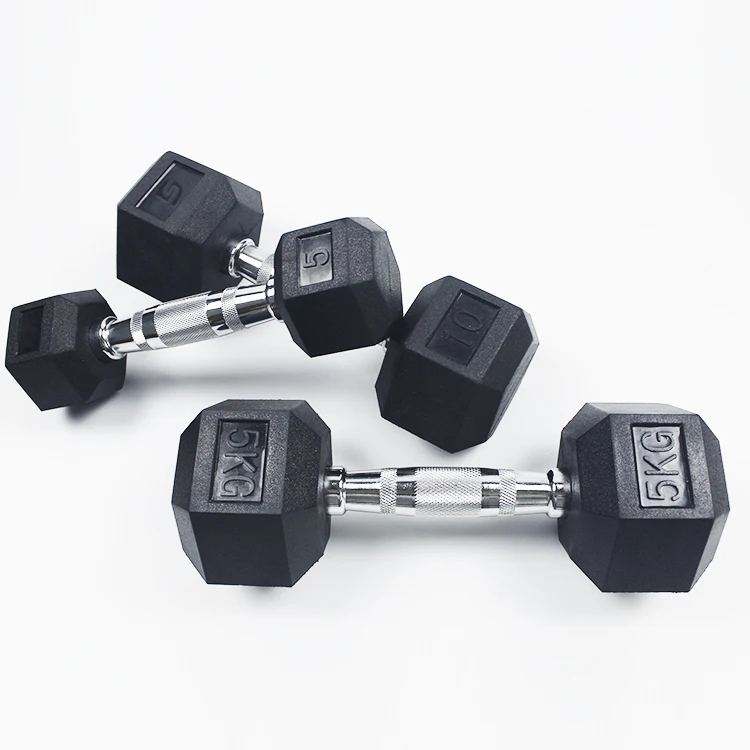 Shandong Dongshang Commerical Fitness Gym Free Weights Black Rubber Hex Dumbbell Set