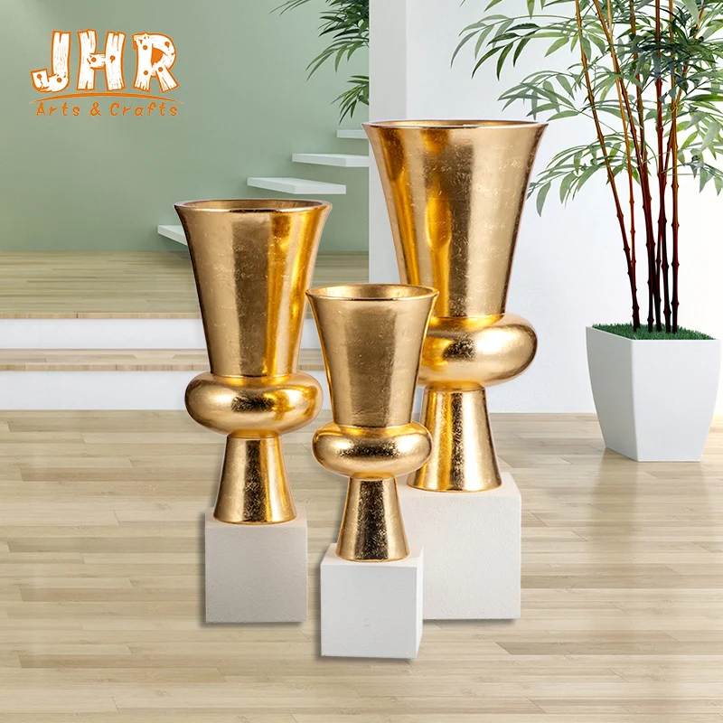 Trumpet Rose Gold Vase Fiberglass Planters With Frosted White Base Silver Planter Pots