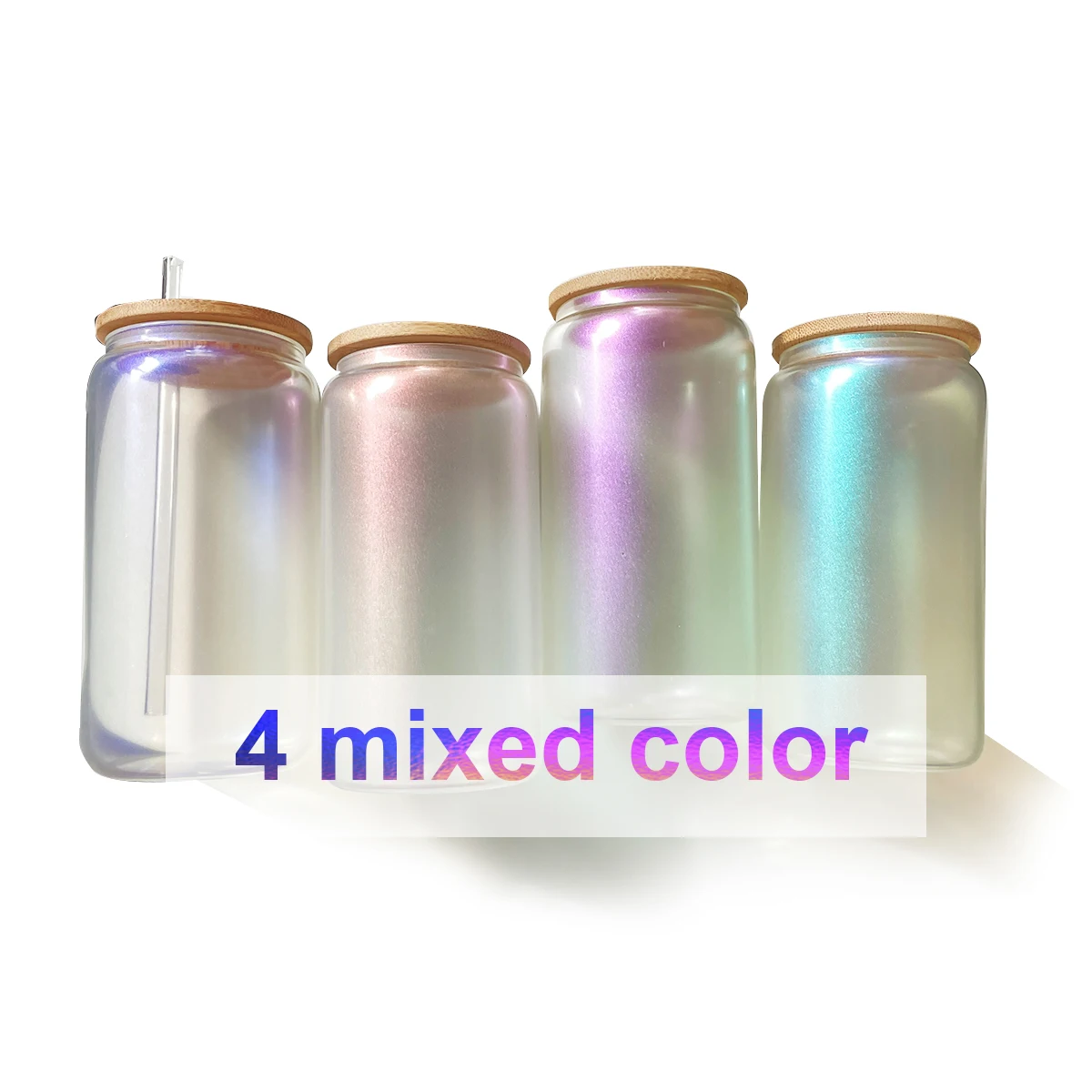 Hot Sale US Warehouse 16oz clear coffee soda shaped beer Sublimation iridescent Glass can with bamboo  lid and plastic straw