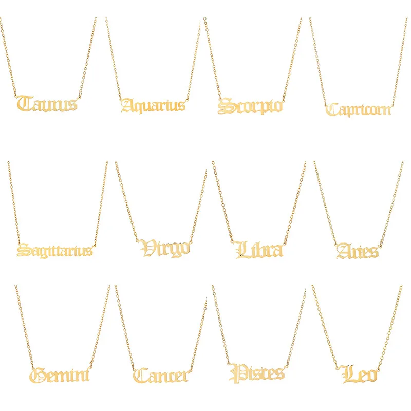 18K Gold Plated Stainless Steel 12  Horoscope Necklace Old English Letter Cancer Zodiac Sign Necklace for Birthday