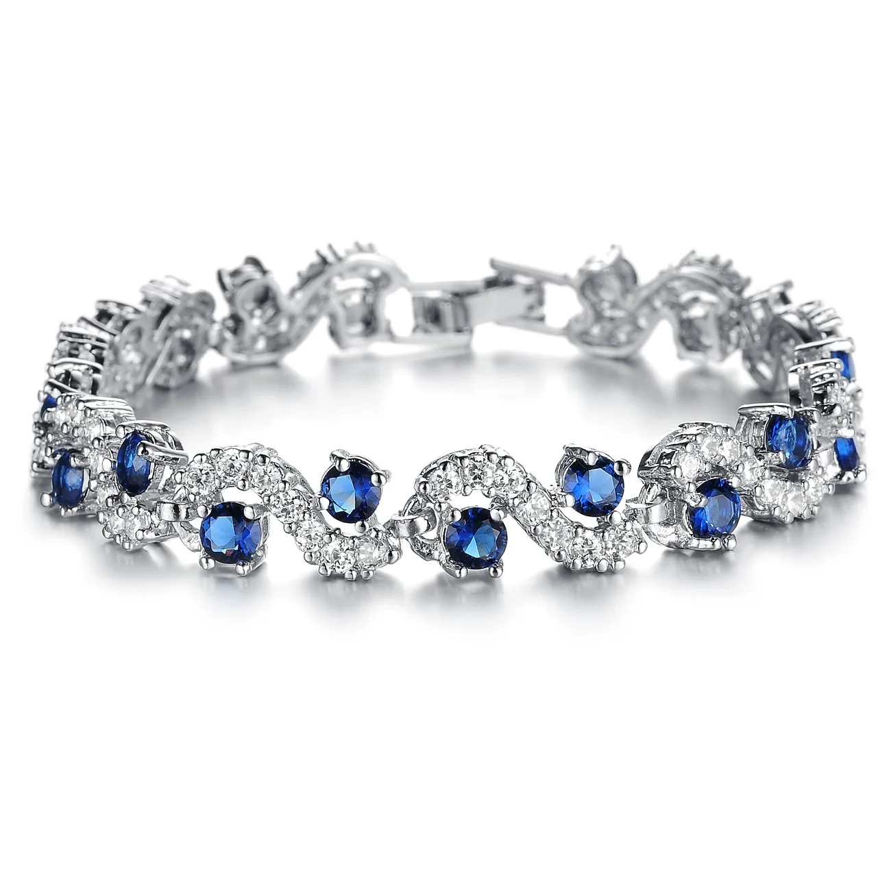 Exquisite and elegant wave copper platinum stainless steel blue gemstone zircon bracelet