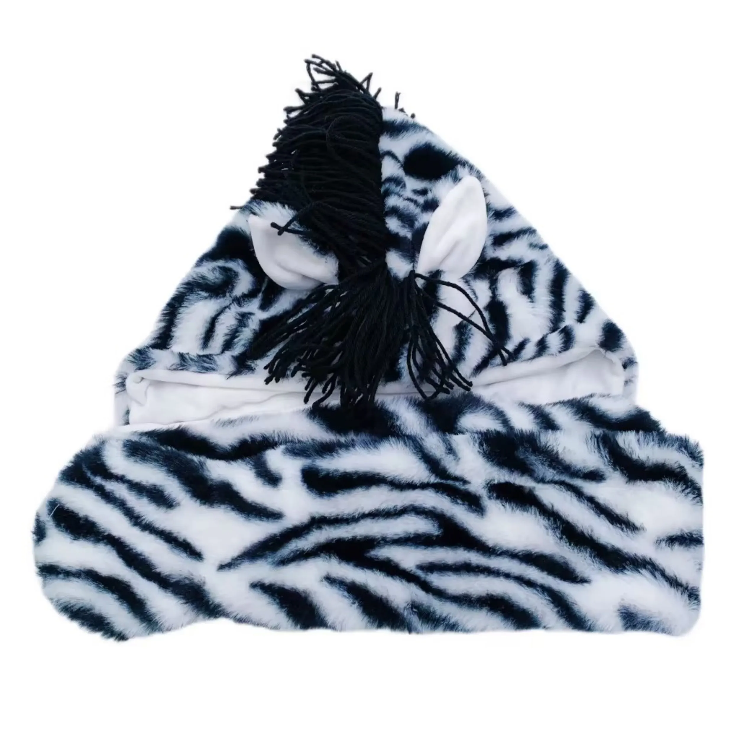 Furry Bunny Black And White Animal Kids Girls Adult Fur Winter Warm Long Scarf Plush Hat Mittens Gloves Zebra