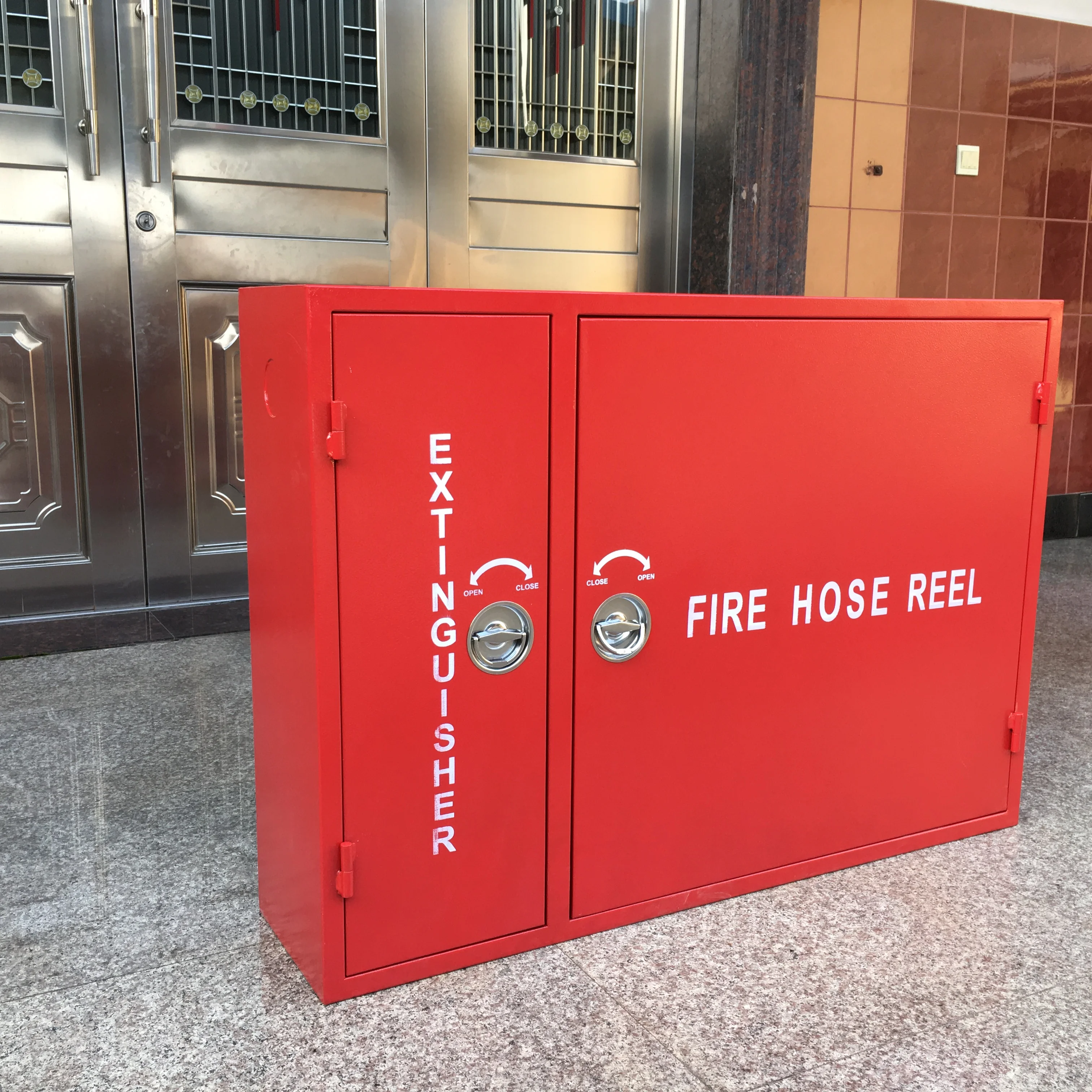 High quality red double door stand type fire hose reel cabinet, outdoor fire extinguisher box
