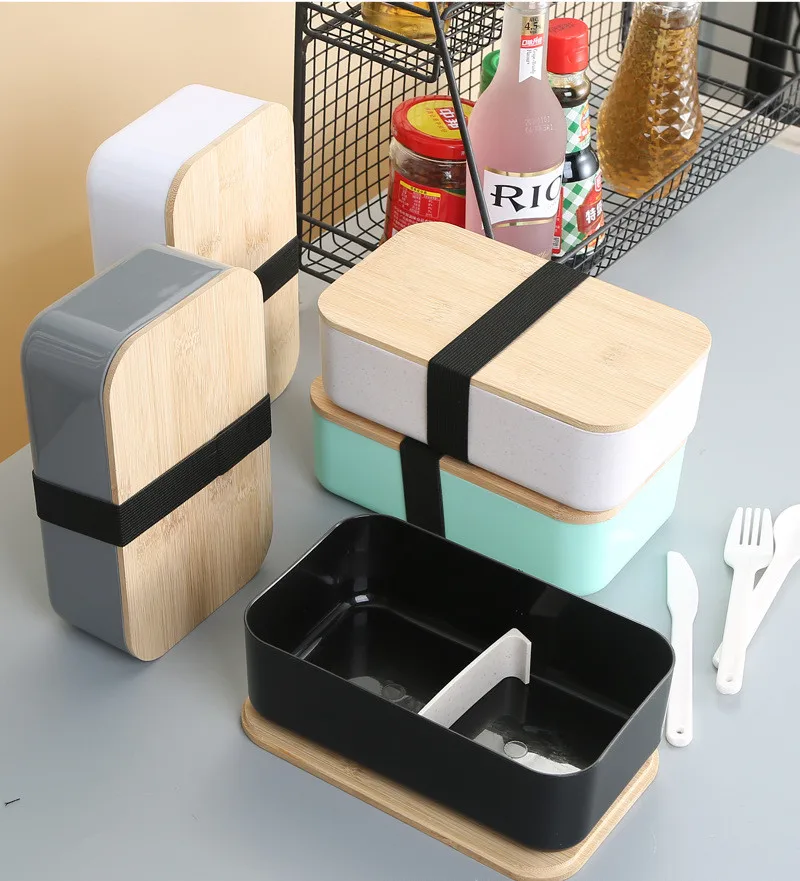 Japan Style lunch box with elastic 1000ML Bento Lunch Boxes Plastic Lunch Box set with Bamboo Wood Lid