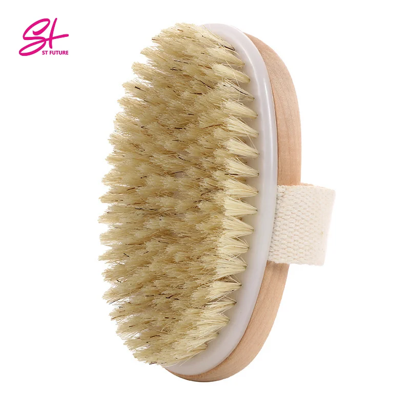 Wholesale Custom Logo Wood Handle Natural Boar Bristle Dry Skin Body Bath Brush With Hand Band