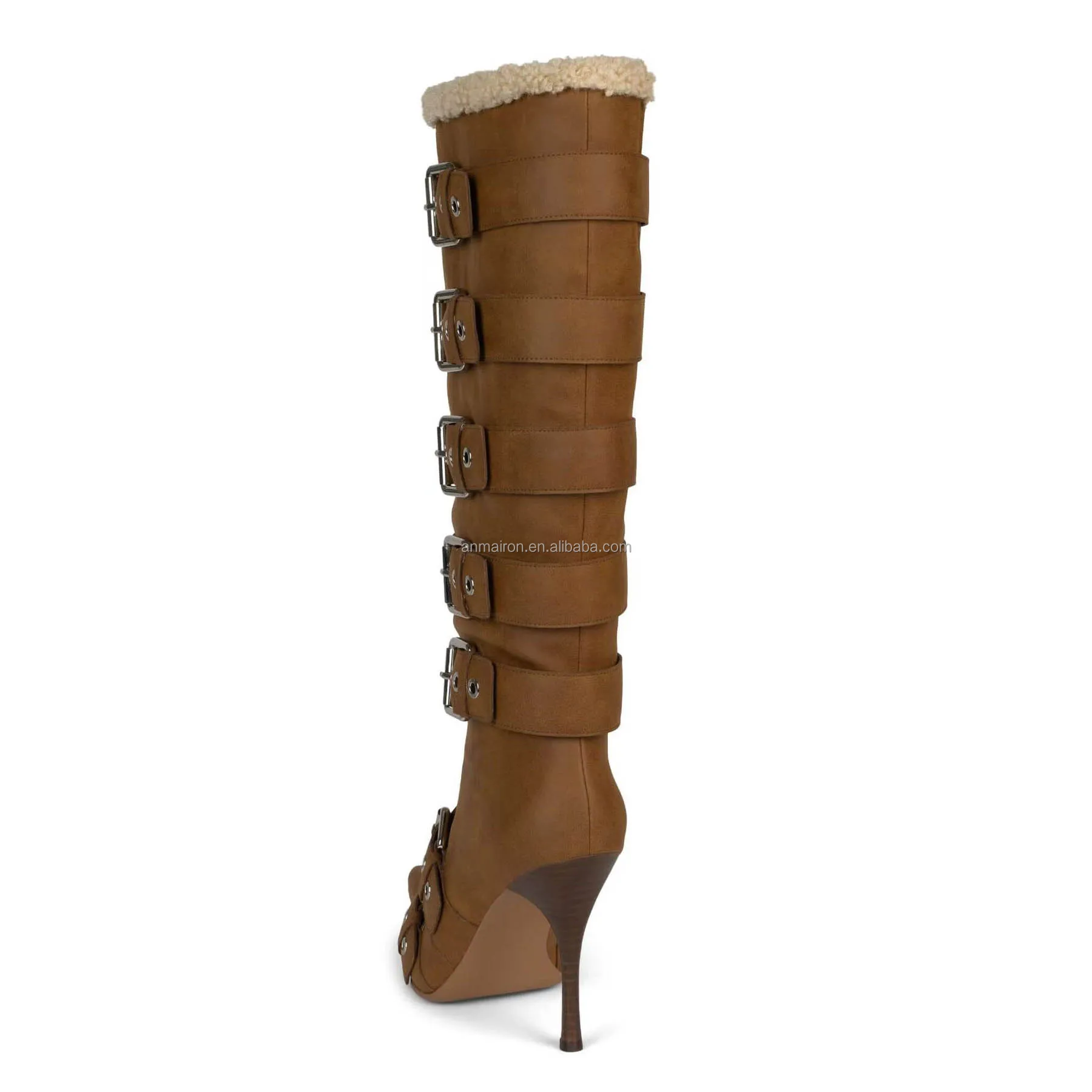 Fashion Brown Suede Pointed toe high heel boots wood heels anti-slip Snow Boots Square buckle Winter Brand Boots