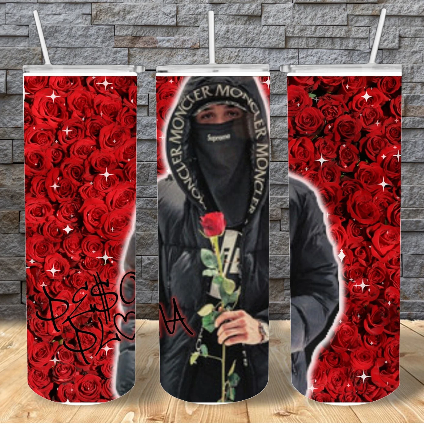 Latest custom peso pluma red rose 20oz stainless steel vacuum Skinny cups mugs insulated tumbler with reusable straw