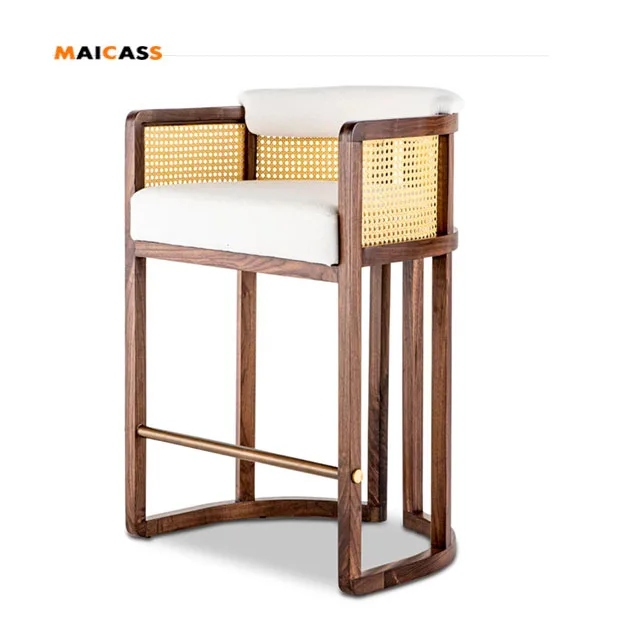 
Modern bar stool with wooden rattan high bar chair armrest solid wood frame 