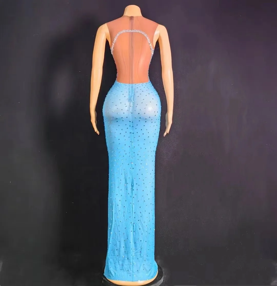 Sparkly Rhinestones Sleeveless Split Blue Long Dress for Women Sexy Celebrate Evening Prom Birthday Photo Shoot Dress Stage Wear