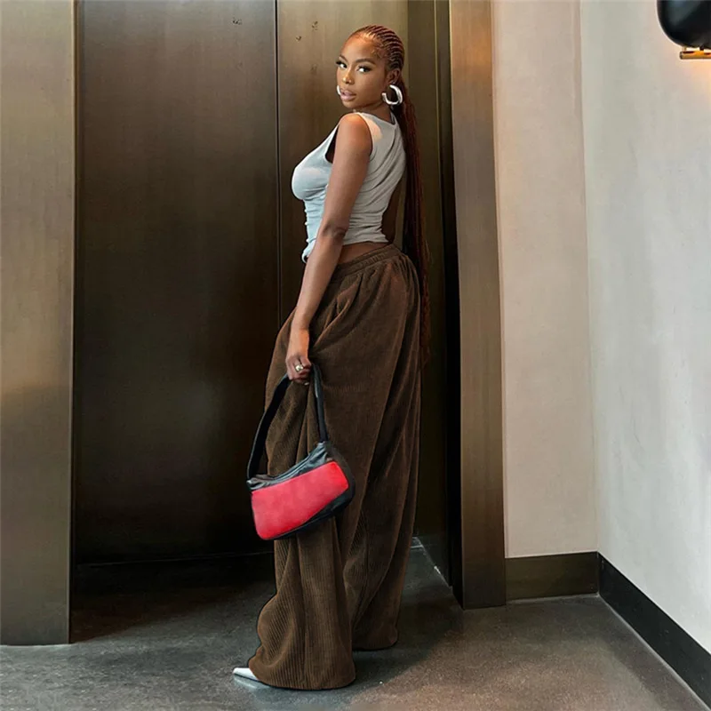 2023 Fashionable Streetwear High Waist Straight Women Pants Casual With Pocket Stretchable Loose Wide Leg Pants Women