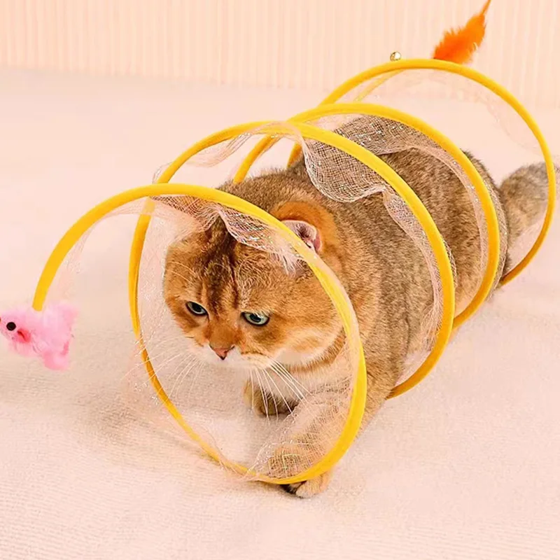 Wholesale Round Foldable Pet Cat Tunnel Interactive Cat Toy Feather Indoor Collapsible Cat Tube with Bell Mouse Sisal Ball Toys
