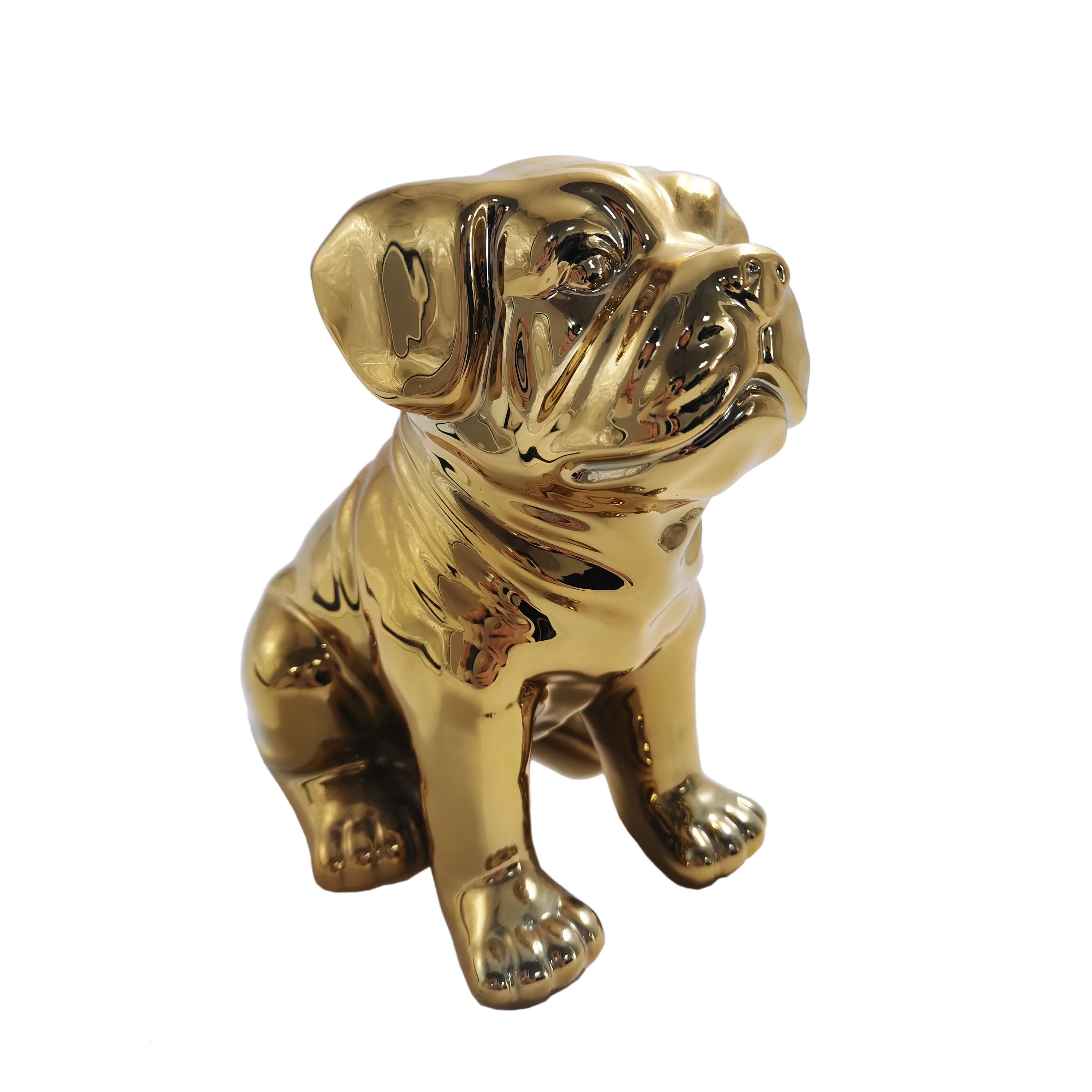 Handmade ceramic  crafts accessories table decor gold plated pug dog sculpture with Piggy bank