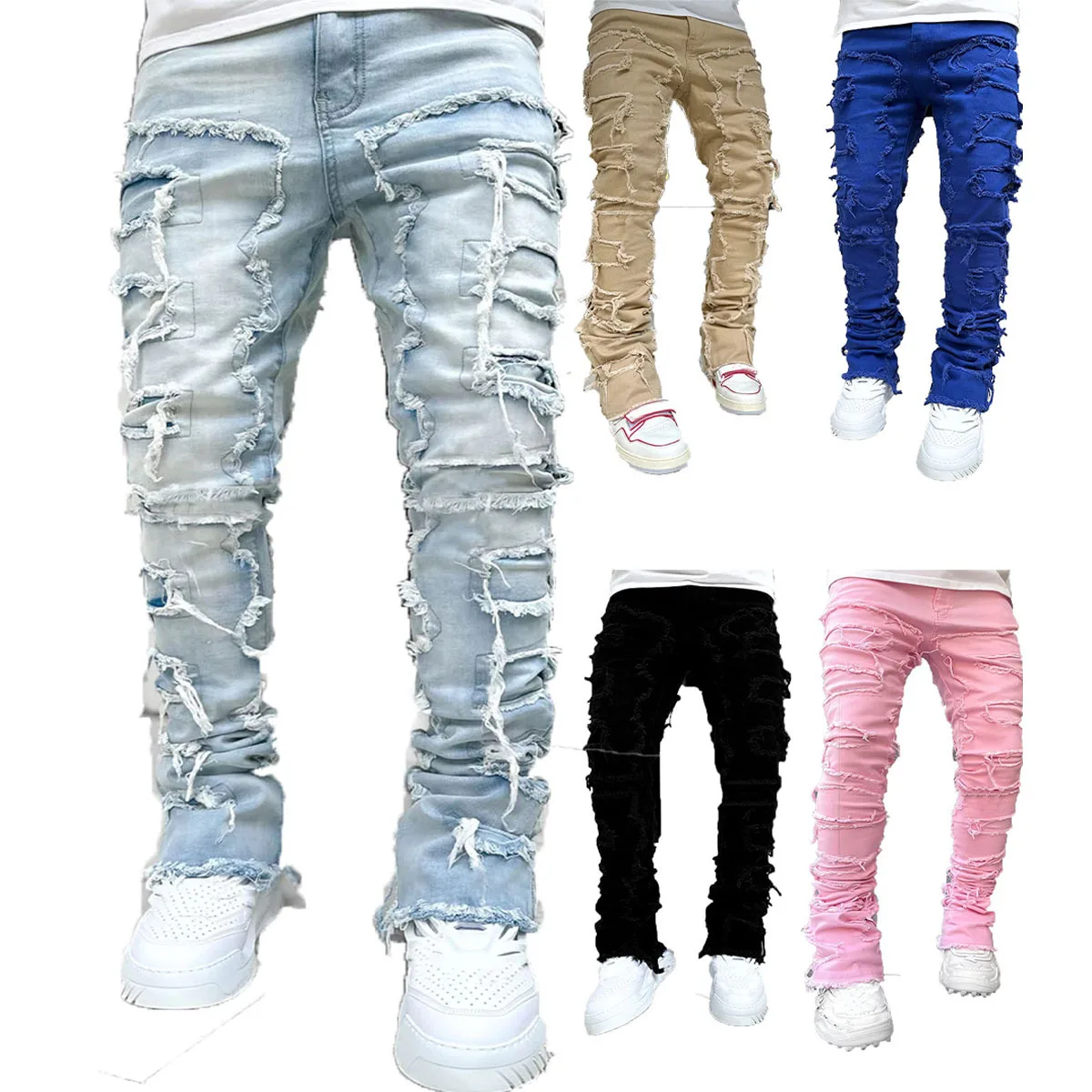 2024 New Arrivals Custom Logo Slim Fit Men Jeans Patch Stretch Stacked Jeans Men Tassel Skinny Denim Men Jeans