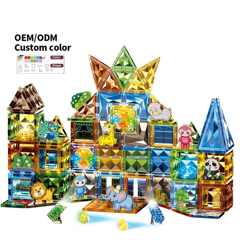 Zhorya 124pcs Animal Model Magnetic Blocks Set Diamond Face Magnetic Tiles Building Block Toy Diy Assembly Toy For Kids