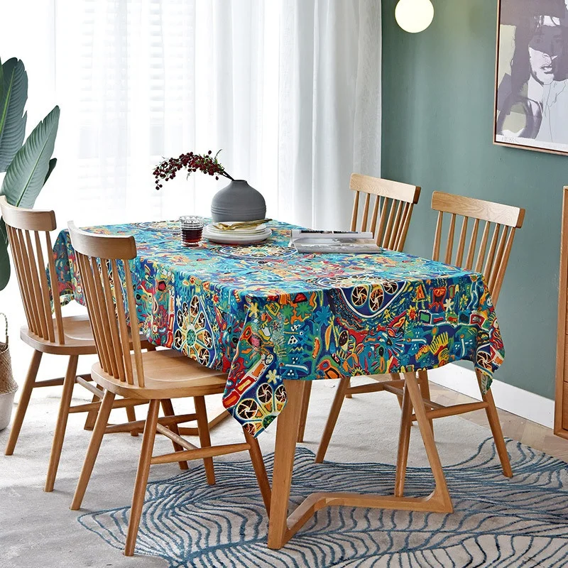 wholesale Cotton and linen printed cloth ethnic style Mediterranean bar cafe table cloth fabric digital printing cotton
